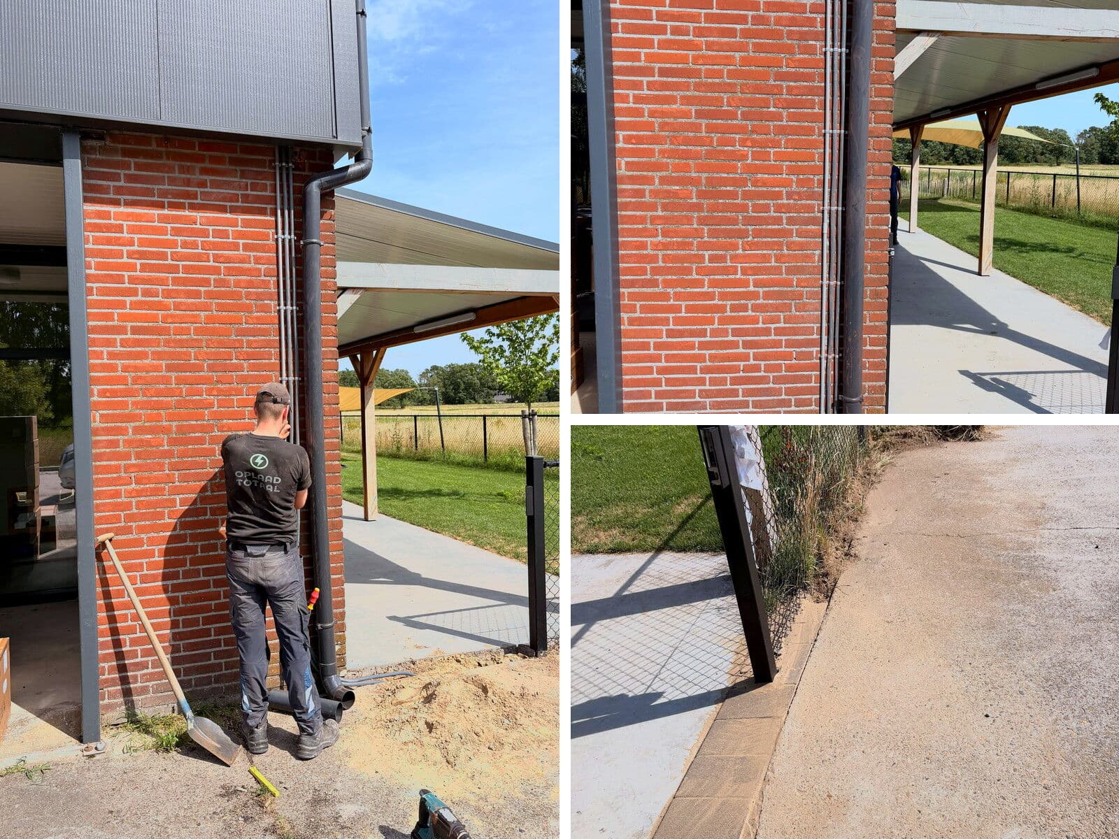 Monteur legt buizen en bekabeling aan langs de gevel van een bedrijfspand voor de aanleg van laadinfrastructuur