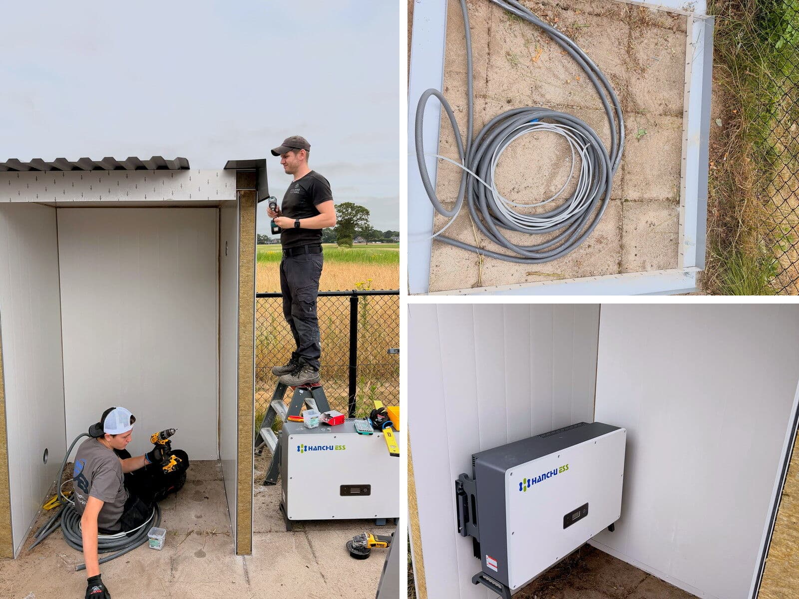Montage van een thuisbatterij van Hanchu ESS in een geïsoleerde buitenopstelling, inclusief bekabeling