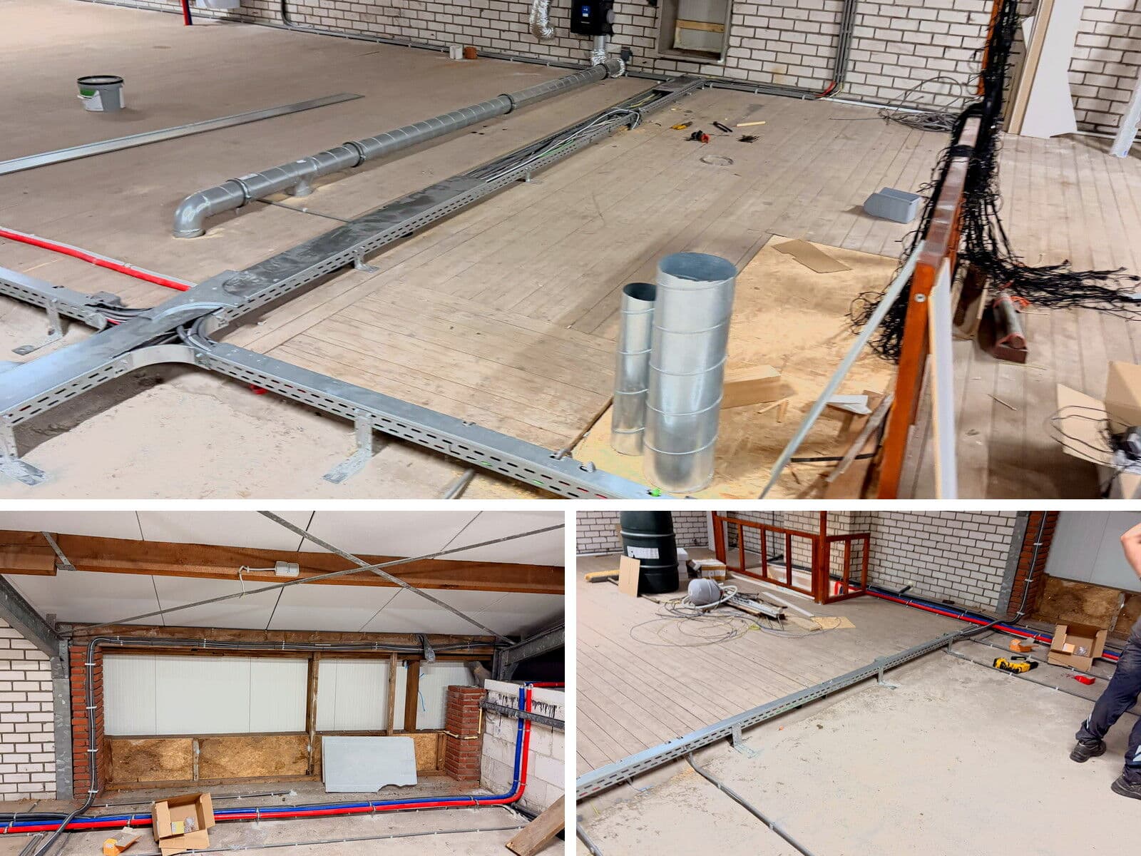 Kabelgoten en leidingwerk in aanbouw in een bedrijfsruimte