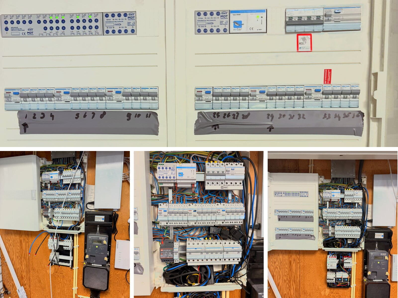 Verdeelkasten met KNX-modules en groepenverdeling na installatie